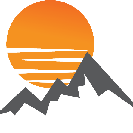 A graphic of an orange sun setting over grey mountains.
