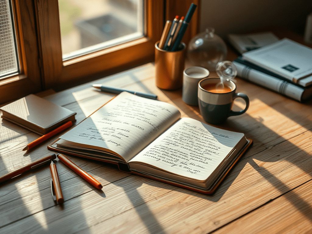 A journal lying on a desk with pencils and other office supplies surrounding it.