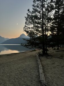 The moon setting over Redfish Lake, Idaho.