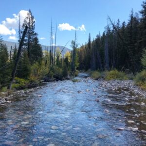 Perspective from the middle of a creek in the wilderness. Mountains and trees surround the water. The sky is blue. These are the places experienced when backpacking or hiking.