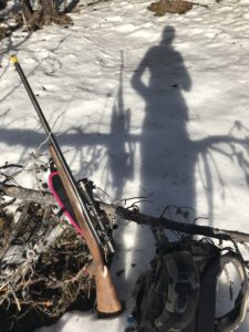 A rifle propped up on a log, with the shadow of a person taking a picture on the snow behind it.