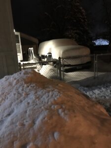A yard full of snow with paths shoveled and a vehicle in the driveway.