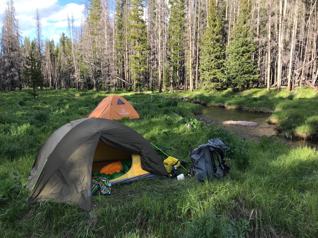 Two backpacking tents, an orange and an army green one, sit in a mountain meadow surrounded by miscellaneous pieces of backpacking gear. Save weight by sharing items.